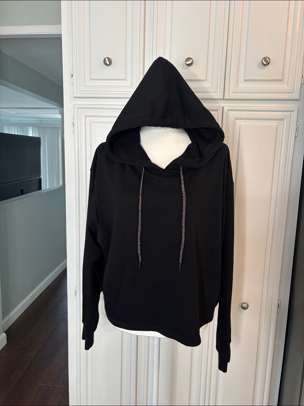 Lea & Viola Black Cotton Oversized Hoodie Metallic Drawstring Size L
